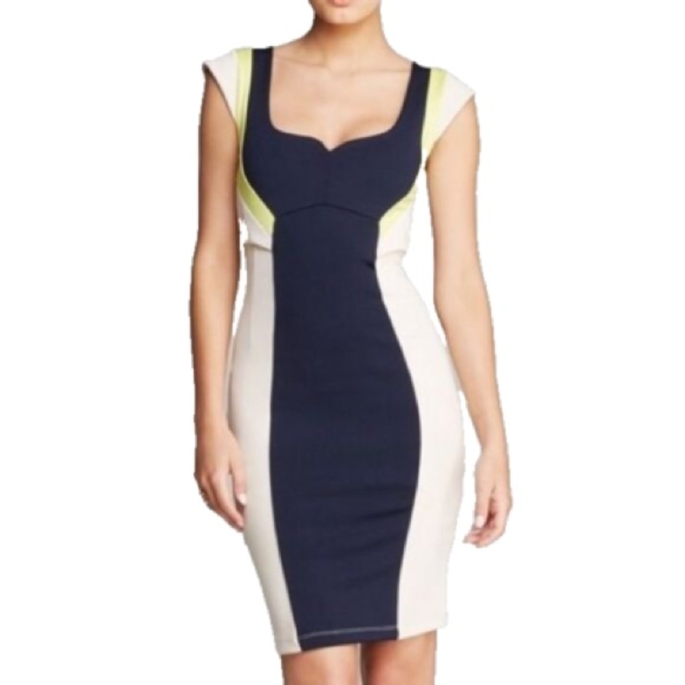 French Connection Monroe Sand Navy Colorblock Mini Dress Bodycon Yellow Pencil